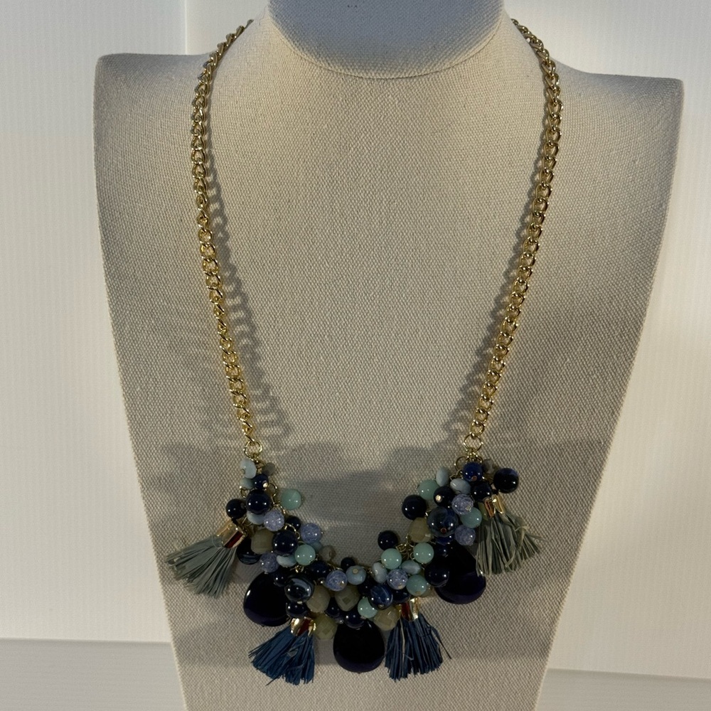 Talbots Statement Necklace Blue Beaded Bib Fringe Tassels Gold Chain NWT